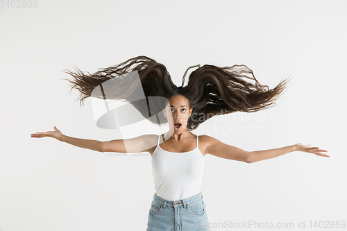 Image of Portrait of beautiful woman isolated on white studio background