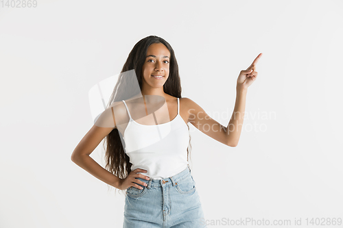 Image of Portrait of beautiful woman isolated on white studio background