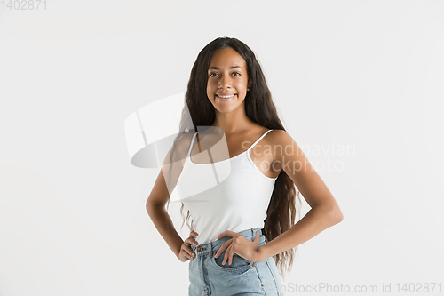 Image of Portrait of beautiful woman isolated on white studio background