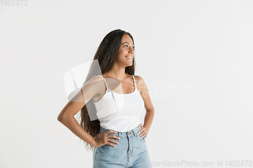 Image of Portrait of beautiful woman isolated on white studio background