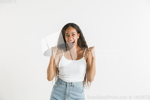 Image of Portrait of beautiful woman isolated on white studio background
