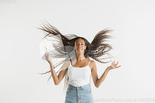 Image of Portrait of beautiful woman isolated on white studio background