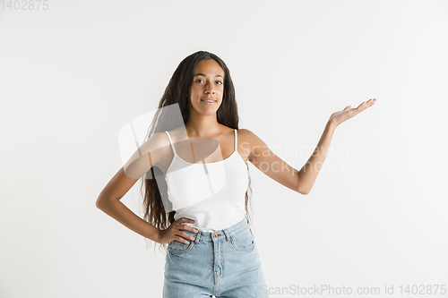 Image of Portrait of beautiful woman isolated on white studio background