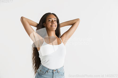 Image of Portrait of beautiful woman isolated on white studio background