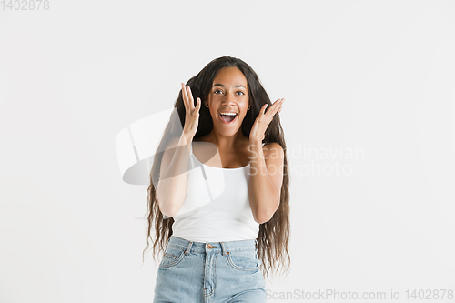 Image of Portrait of beautiful woman isolated on white studio background