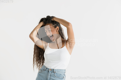 Image of Portrait of beautiful woman isolated on white studio background