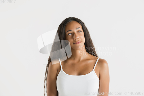 Image of Portrait of beautiful woman isolated on white studio background