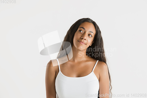 Image of Portrait of beautiful woman isolated on white studio background