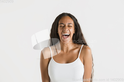 Image of Portrait of beautiful woman isolated on white studio background