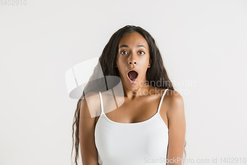 Image of Portrait of beautiful woman isolated on white studio background