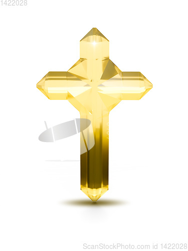 Image of Golden crystal cross religious symbol on white background