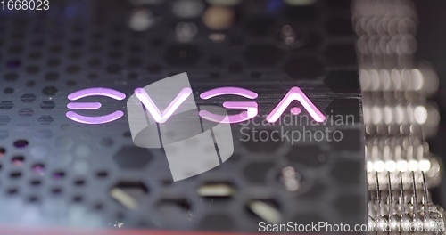 Image of BUDAPEST, HUNGARY - CIRCA 2020: EVGA gForce RTX 3080 graphics card, which features Ampere architecture and raytracing technology