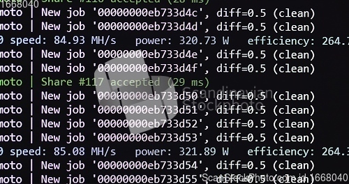 Image of Bitcoin mining program at work closeup footage