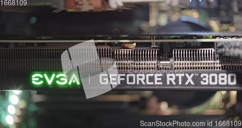 Image of BUDAPEST, HUNGARY - CIRCA 2020: EVGA gForce RTX 3080 graphics card, which features Ampere architecture and raytracing technology