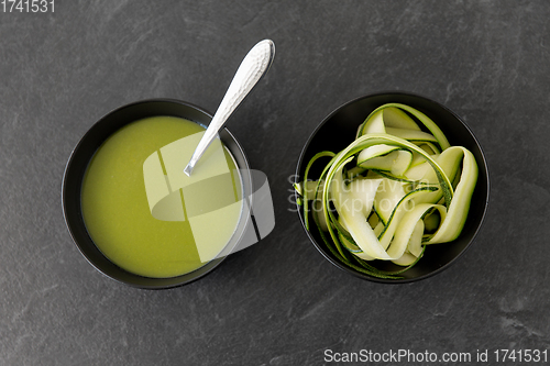 Image of peeled or sliced zucchini and cream soup in bowl