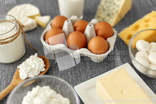 Image of milk, yogurt, eggs, cottage cheese and butter