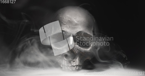 Image of Black skull in the darkness with smoke and fog