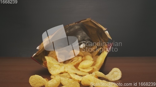 Image of Potato chips in camera motion closeup footage