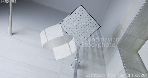 Image of Water flowing from shower head 120 fps slow motion closeup footage