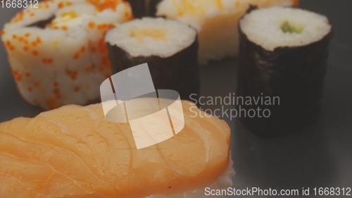 Image of Sushi on the plate with camera motion macro footage