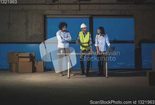 Image of business people in group, architect and engineer on construction
