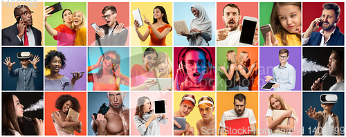 Image of Portrait of people using different gadgets on multicolor background