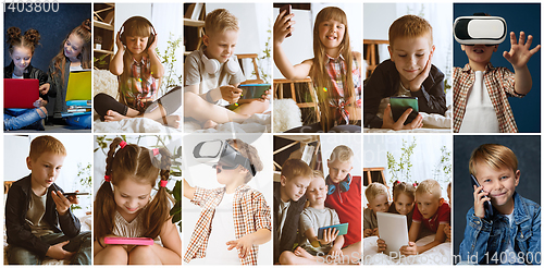 Image of Portrait of kids using different gadgets on multicolor background