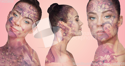 Image of Beautiful female face with double exposure and flowers