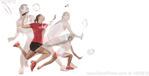 Image of Young women playing badminton on white background