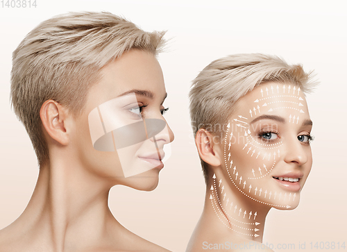 Image of Beautiful female face, concept of bodycare and lifting