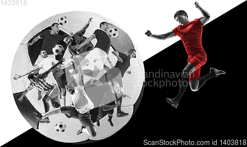 Image of Male football players in action, creative black and white collage