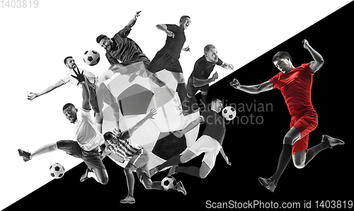 Image of Male football players in action, creative black and white collage