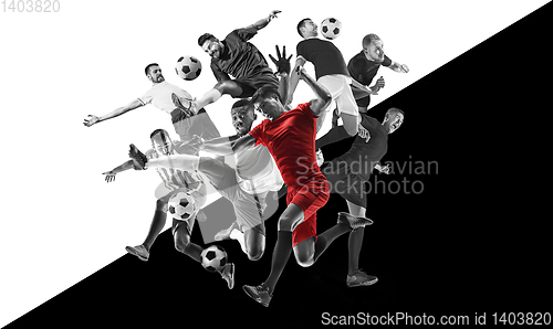 Image of Male football players in action, creative black and white collage