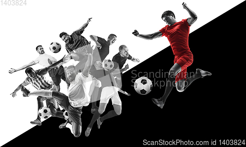 Image of Male football players in action, creative black and white collage