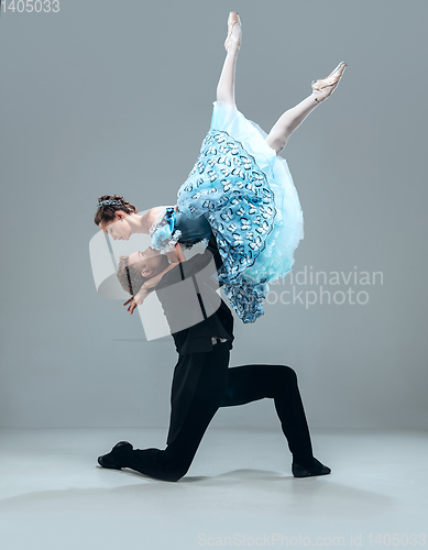 Image of Contemporary ballroom dancers on grey studio background