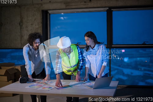 Image of business people in group, architect and engineer on construction