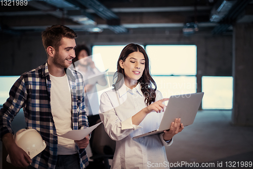 Image of business people in group, architect and engineer on construction