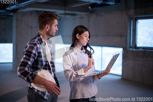 Image of business people in group, architect and engineer on construction