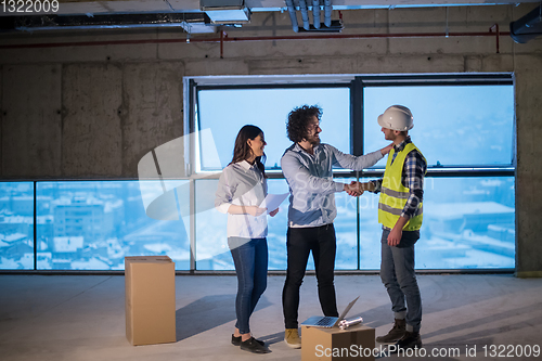 Image of business people in group, architect and engineer on construction