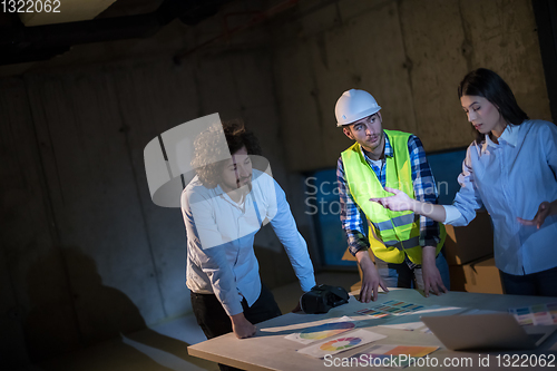 Image of business people in group, architect and engineer on construction