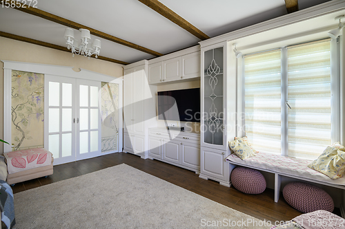 Image of Classic brown and white living room interior