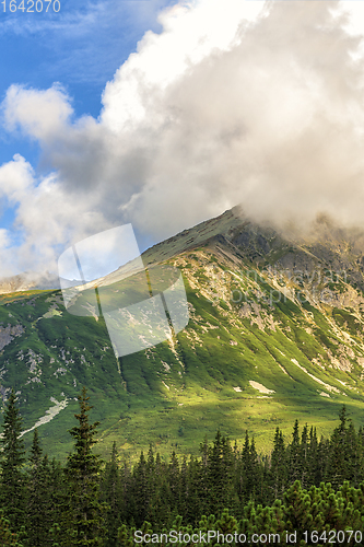 Image of Polish Tatra mountains summer landscape with blue sky and white clouds.