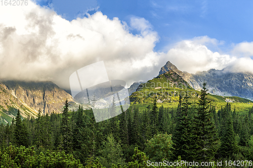 Image of Polish Tatra mountains summer landscape with blue sky and white clouds.