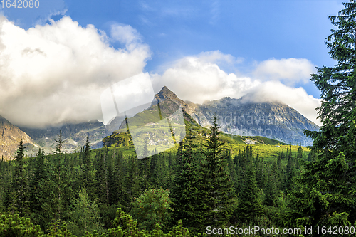 Image of Polish Tatra mountains summer landscape with blue sky and white clouds.