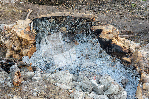 Image of Burning a large tree stump in the garden