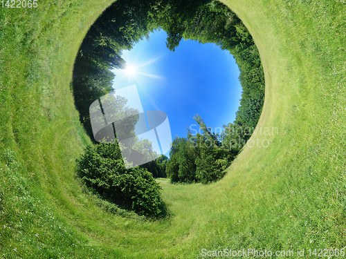 Image of spherical panorama meadow and sky in the center
