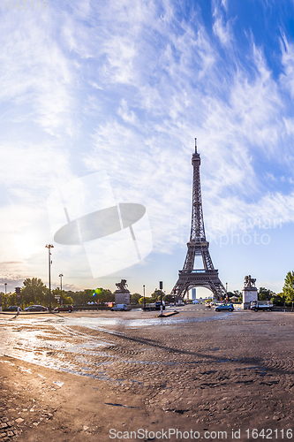 Image of The Eiffel Tower seen from Pont d\'Iena in Paris, France.