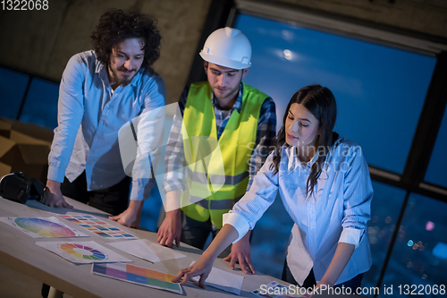 Image of business people in group, architect and engineer on construction