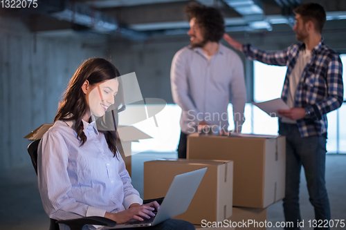 Image of business people in group, architect and engineer on construction