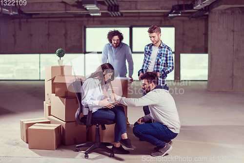 Image of business people in group, architect and engineer on construction